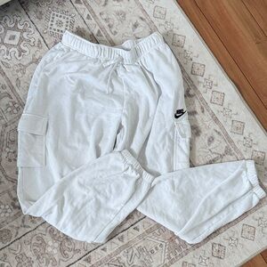 Nike White Cargo Joggers with Black Swoosh